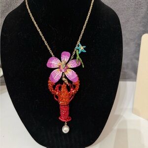 Betsey Johnson Pink Orchid & Red Lobster Pendant Necklace with Pearl Accent